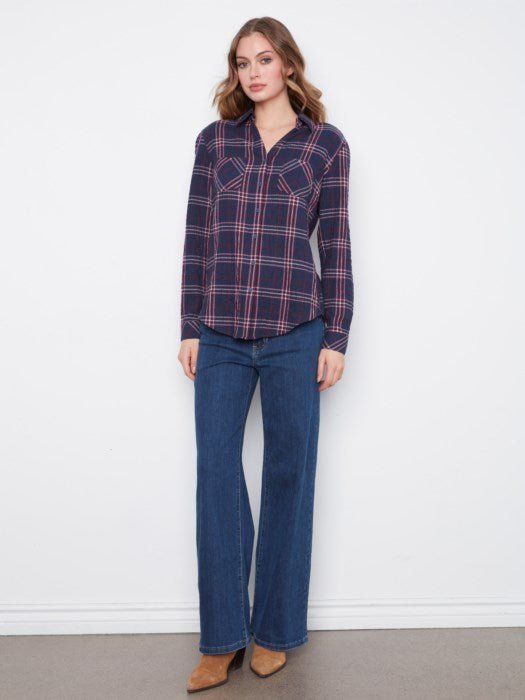 Charlie B Women's Plaid V-Neck Placket Long Sleeve Shirt - Midnight