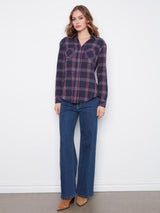 Charlie B Women's Plaid V-Neck Placket Long Sleeve Shirt - Midnight