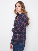 Charlie B Women's Plaid V-Neck Placket Long Sleeve Shirt - Midnight