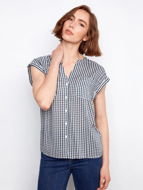 Charlie B Women's Printed Gingham Short Sleeve Blouse - A&M Clothing & Shoes Westlock