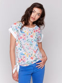 Charlie B Women's Printed Linen Top with Side Tie - Flowers