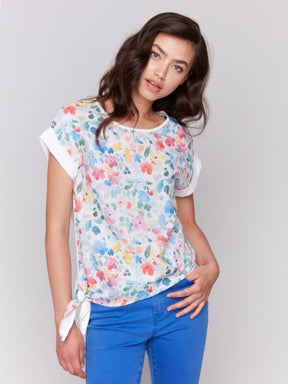 Charlie B Women's Printed Linen Top with Side Tie - Flowers