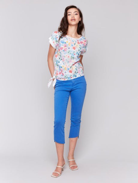 Charlie B Women's Printed Linen Top with Side Tie - Flowers