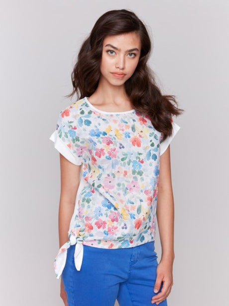 Charlie B Women's Printed Linen Top with Side Tie - Flowers
