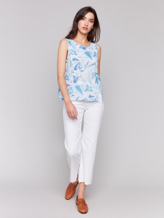 Charlie B Women's Printed Sleeveless Linen Top with Slit - A&M Clothing & Shoes - Westlock