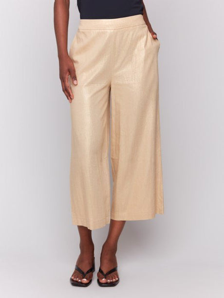 Charlie B Women's Pull On Foil Linen Stretch Pants with Pockets - Gold