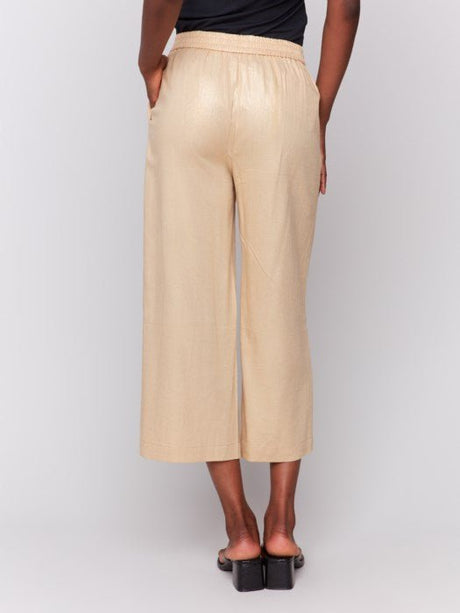 Charlie B Women's Pull On Foil Linen Stretch Pants with Pockets - Gold