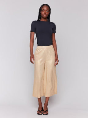 Charlie B Women's Pull On Foil Linen Stretch Pants with Pockets - Gold