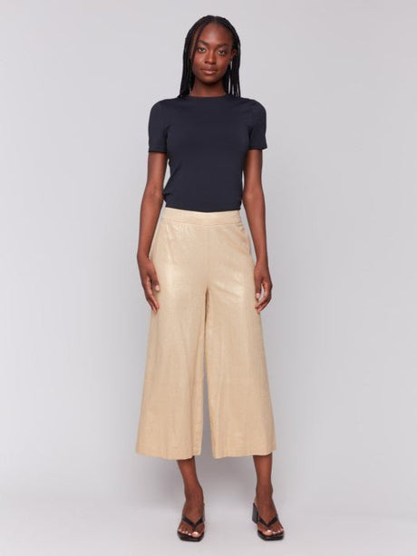Charlie B Women's Pull On Foil Linen Stretch Pants with Pockets - Gold