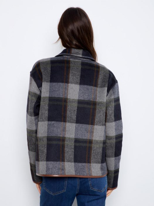 Charlie B Women's Reversible Plaid Leather Binding Jacket - Navy