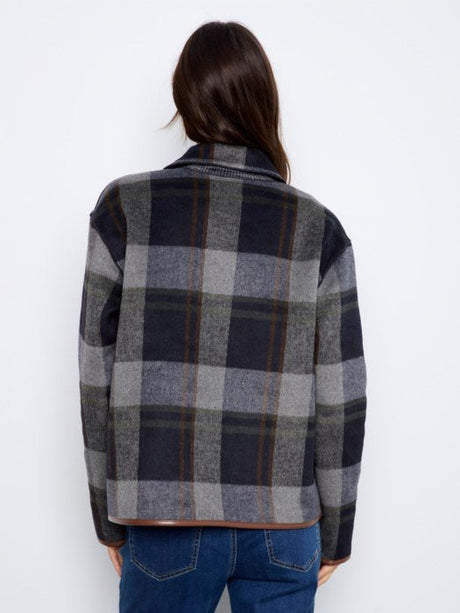 Charlie B Women's Reversible Plaid Leather Binding Jacket - Navy