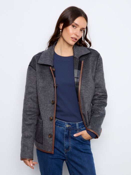 Charlie B Women's Reversible Plaid Leather Binding Jacket - Navy