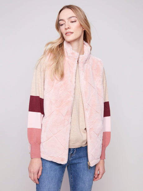 Charlie B Women's Reversible Quilted Faux Fur Vest - Ballet