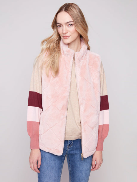 Charlie B Women's Reversible Quilted Faux Fur Vest - Ballet