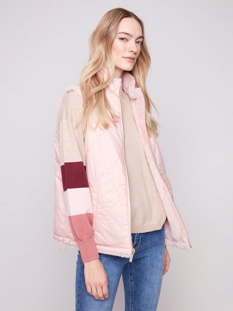 Charlie B Women's Reversible Quilted Faux Fur Vest - Ballet