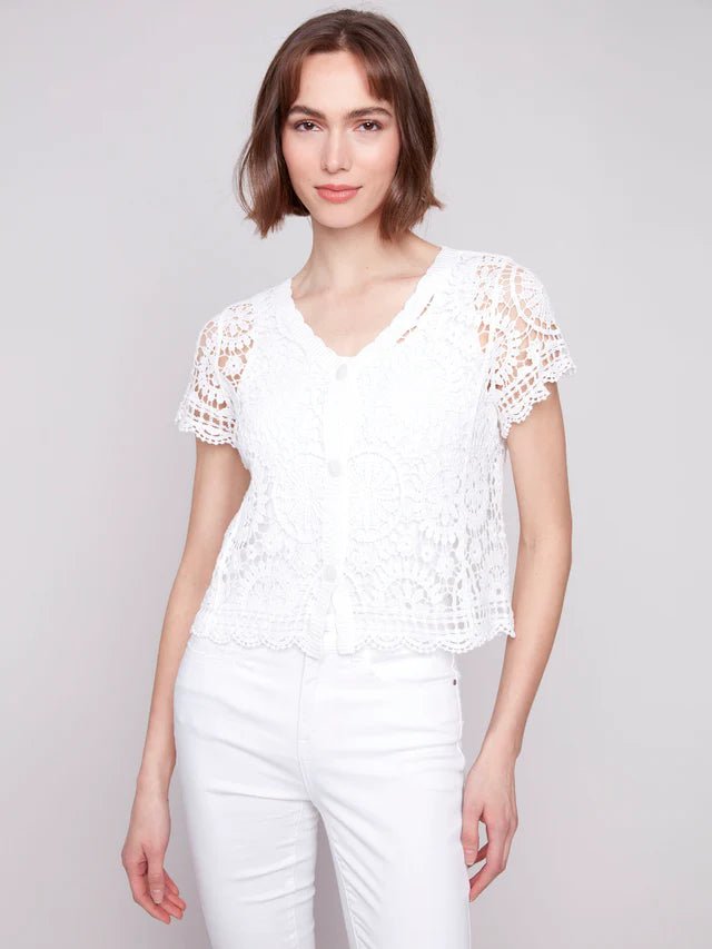 Charlie B Women's Short Sleeve Crochet Bolero Top - A&M Clothing & Shoes - Westlock