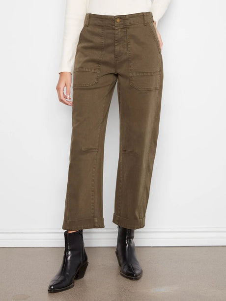 Charlie B Women's Smooth Twill Barrel Leg Patch Pocket Pants - Olive