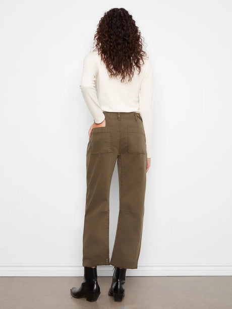 Charlie B Women's Smooth Twill Barrel Leg Patch Pocket Pants - Olive