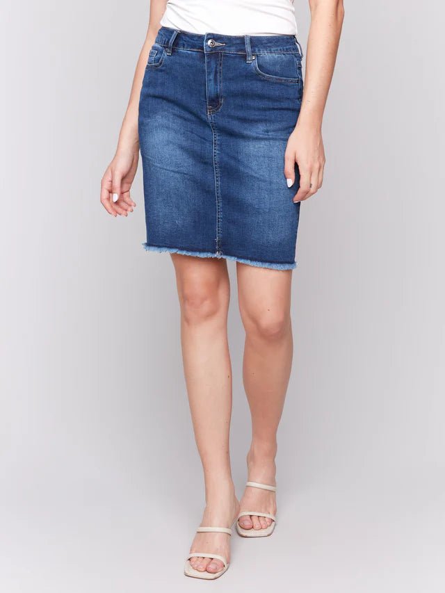 Charlie B Women's Stretch Denim Skort with Frayed Hem - A&M Clothing & Shoes - Westlock