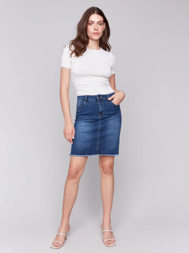 Charlie B Women's Stretch Denim Skort with Frayed Hem - A&M Clothing & Shoes - Westlock