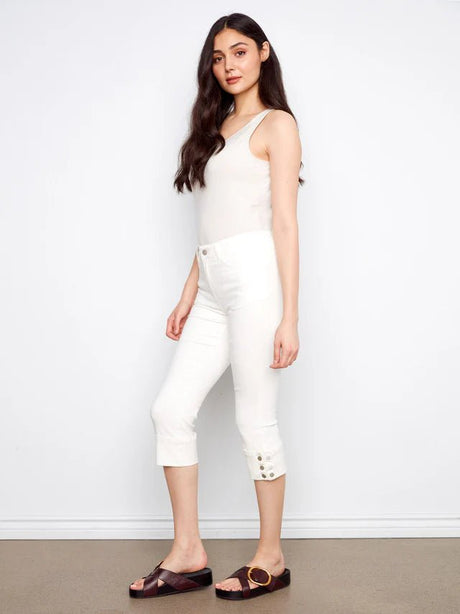 Charlie B Women's Twill Narrow Leg Cuff Snap Hem Pants - White