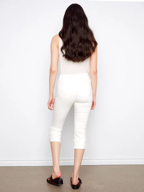 Charlie B Women's Twill Narrow Leg Cuff Snap Hem Pants - White