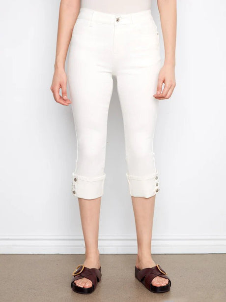 Charlie B Women's Twill Narrow Leg Cuff Snap Hem Pants - White