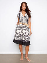 Charlie B Women's Linen Cap Sleeve Straw Belt Dress