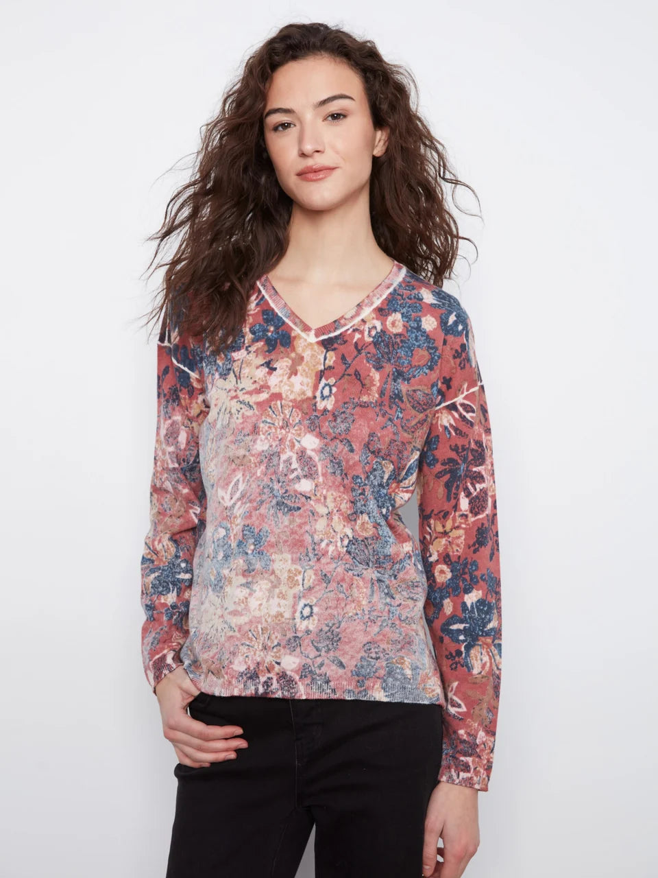 Charlie B Women's LS Drop Shoulder V-Neck Reversible Sweater