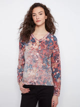 Charlie B Women's LS Drop Shoulder V-Neck Reversible Sweater