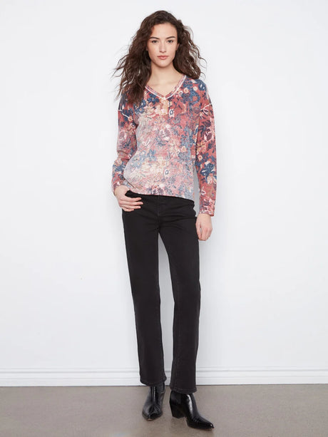 Charlie B Women's LS Drop Shoulder V-Neck Reversible Sweater