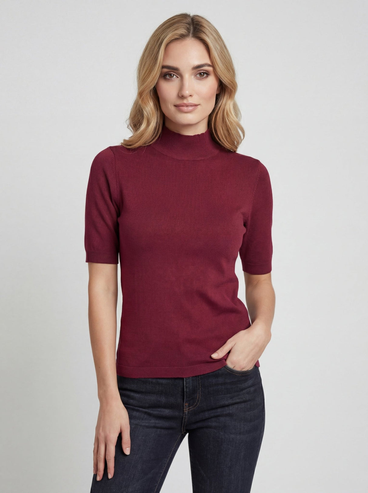 CYC Women's Short Sleeve Mock Neck Top - Berry