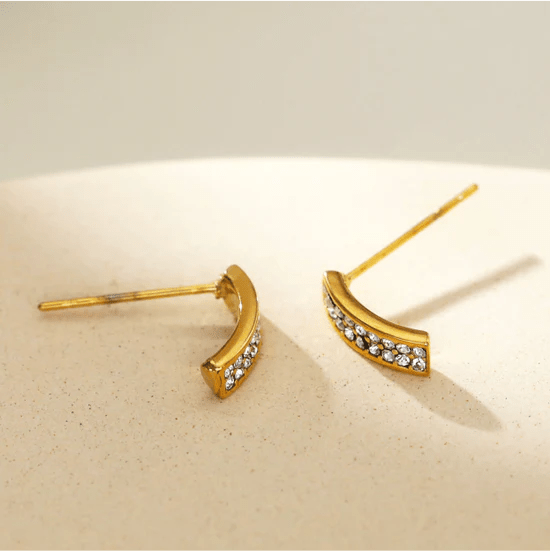 Hackney Nine Astrid Minimalist Pavé Zirconia Curved Bar Stud Earrings Gold - A&M Clothing & Shoes - Westlock