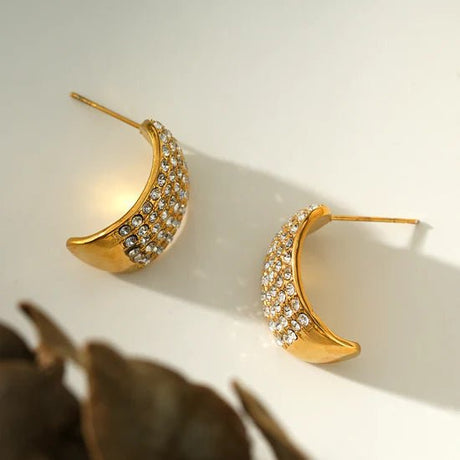 Hackney Nine Carmel Curved Pavé Zirconia Stud Earrings in Gold -