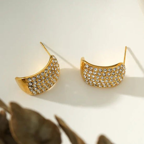 Hackney Nine Carmel Curved Pavé Zirconia Stud Earrings in Gold -