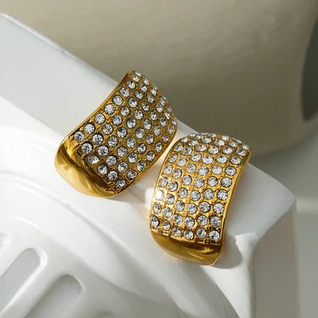 Hackney Nine Carmel Curved Pavé Zirconia Stud Earrings in Gold -