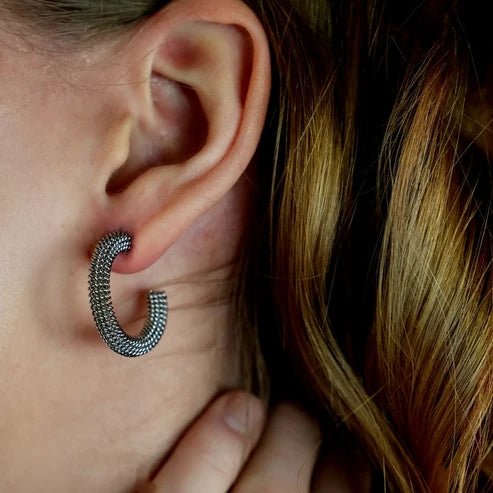 Hackney Nine Kumasi Richly Textured Silver Hoop Earrings -