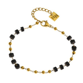 Hackney Nine Rosario Black Onyx and Gold Beaded Chain Bracelet -