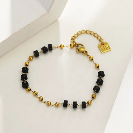 Hackney Nine Rosario Black Onyx and Gold Beaded Chain Bracelet -