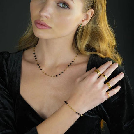 Hackney Nine Rosario Black Onyx and Gold Beaded Chain Bracelet -