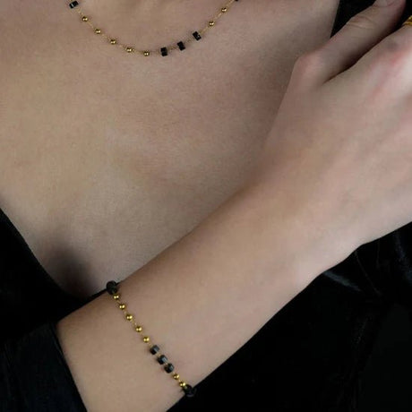 Hackney Nine Rosario Black Onyx and Gold Beaded Chain Bracelet -