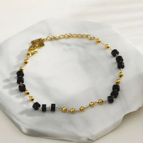 Hackney Nine Rosario Black Onyx and Gold Beaded Chain Bracelet -