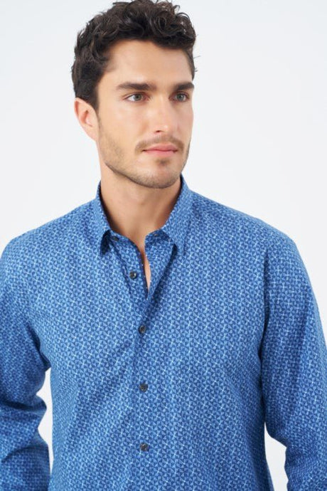 Leo Chevalier Men's Long Sleeve Sport Shirt - Blue