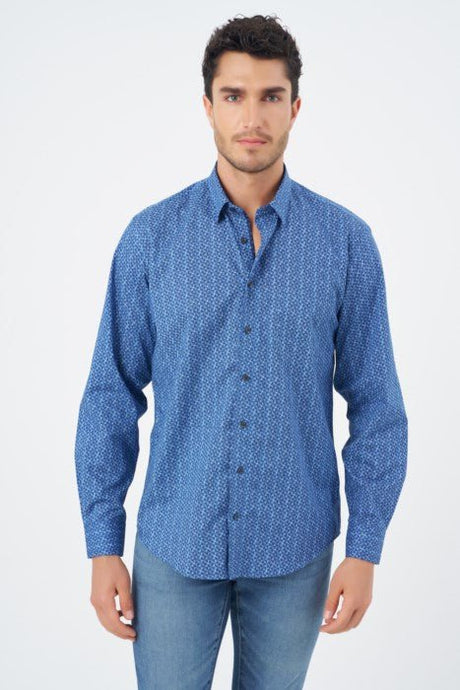 Leo Chevalier Men's Long Sleeve Sport Shirt - Blue