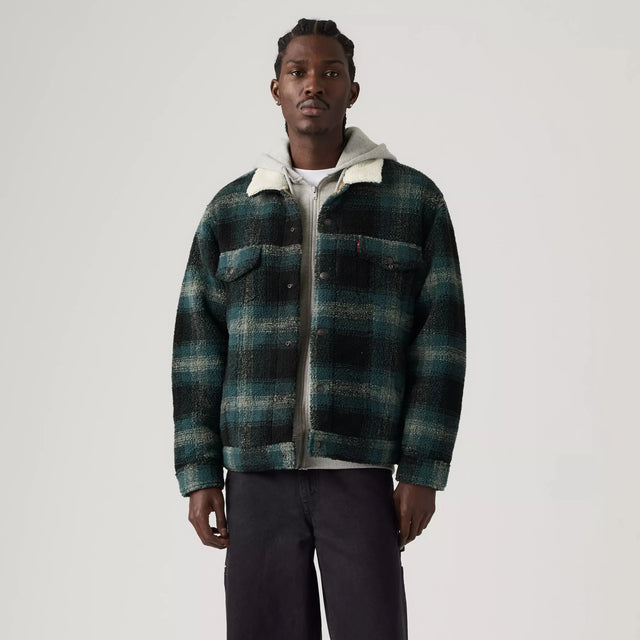 Levi's Men's Type 3 Sherpa Trucker Merle Plaid Jacket - Frost Grey