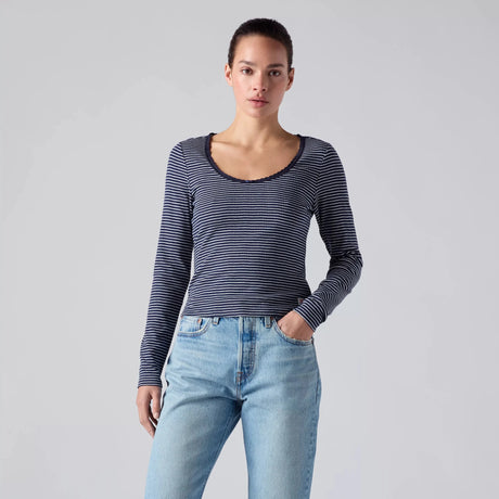 Levi's Women's Long Sleeve Dry Goods Pointelle Lace Trim Stripe Shirt - Egret