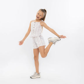 No Way Monday Youth Girls Button Front Tie Strap Top - Off White