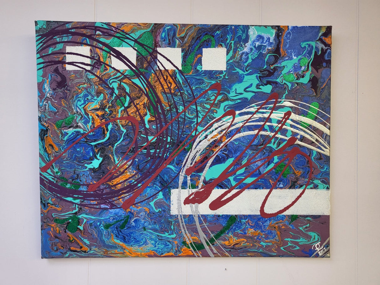Pamela Carnegie Art 16x20 Teal & Blue & Orange Abstract - A&M Clothing & Shoes