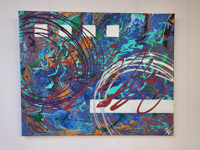 Pamela Carnegie Art 16x20 Teal & Blue & Orange Abstract - A&M Clothing & Shoes