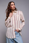 Tribal Women's Blue Thread Drop Shoulder Collared Blouse